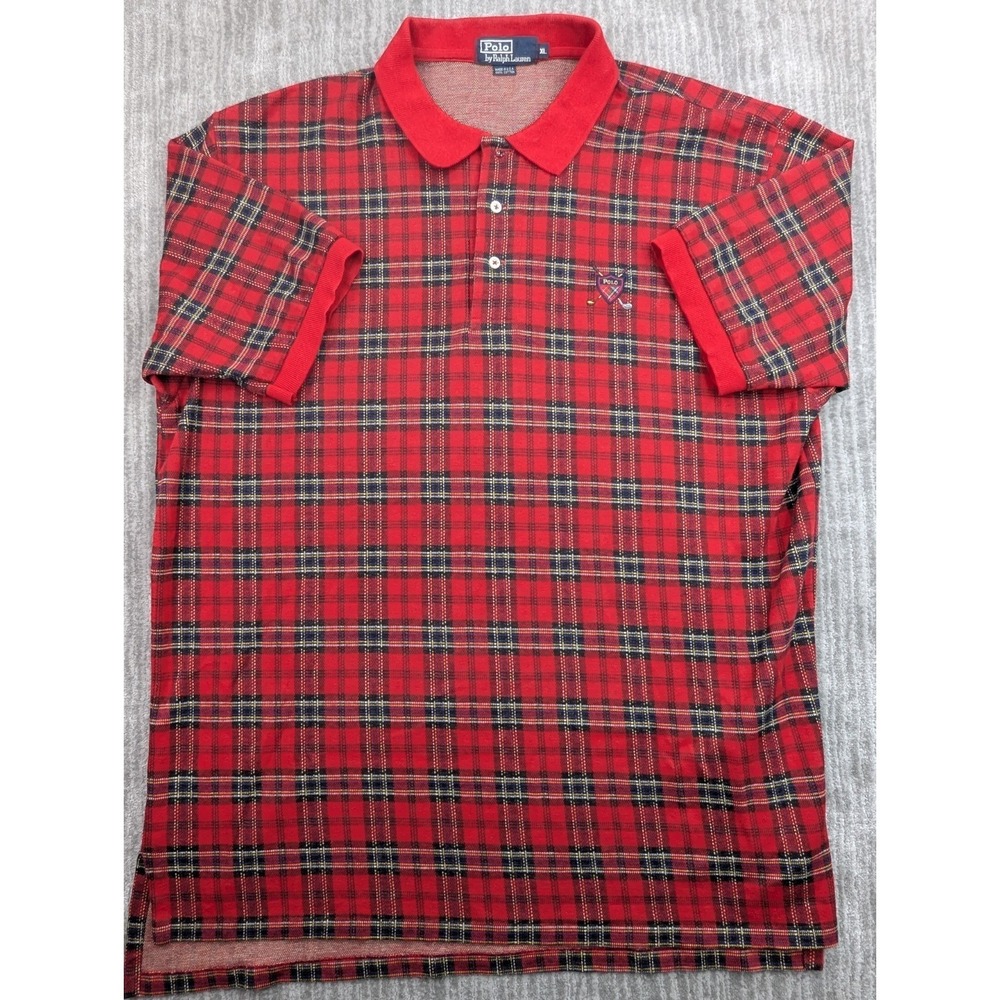 Vintage Polo Ralph Lauren Plaid Polo Shirt Mens XL Red Knit 90s Made In USA